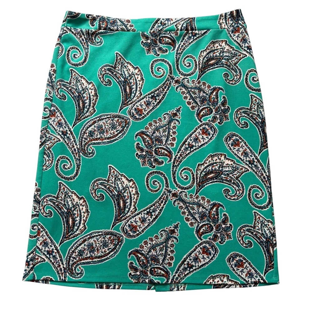 Sami & Jo Womens XL Teal Green Paisley Print Pencil Skirt Stretch Knee Length